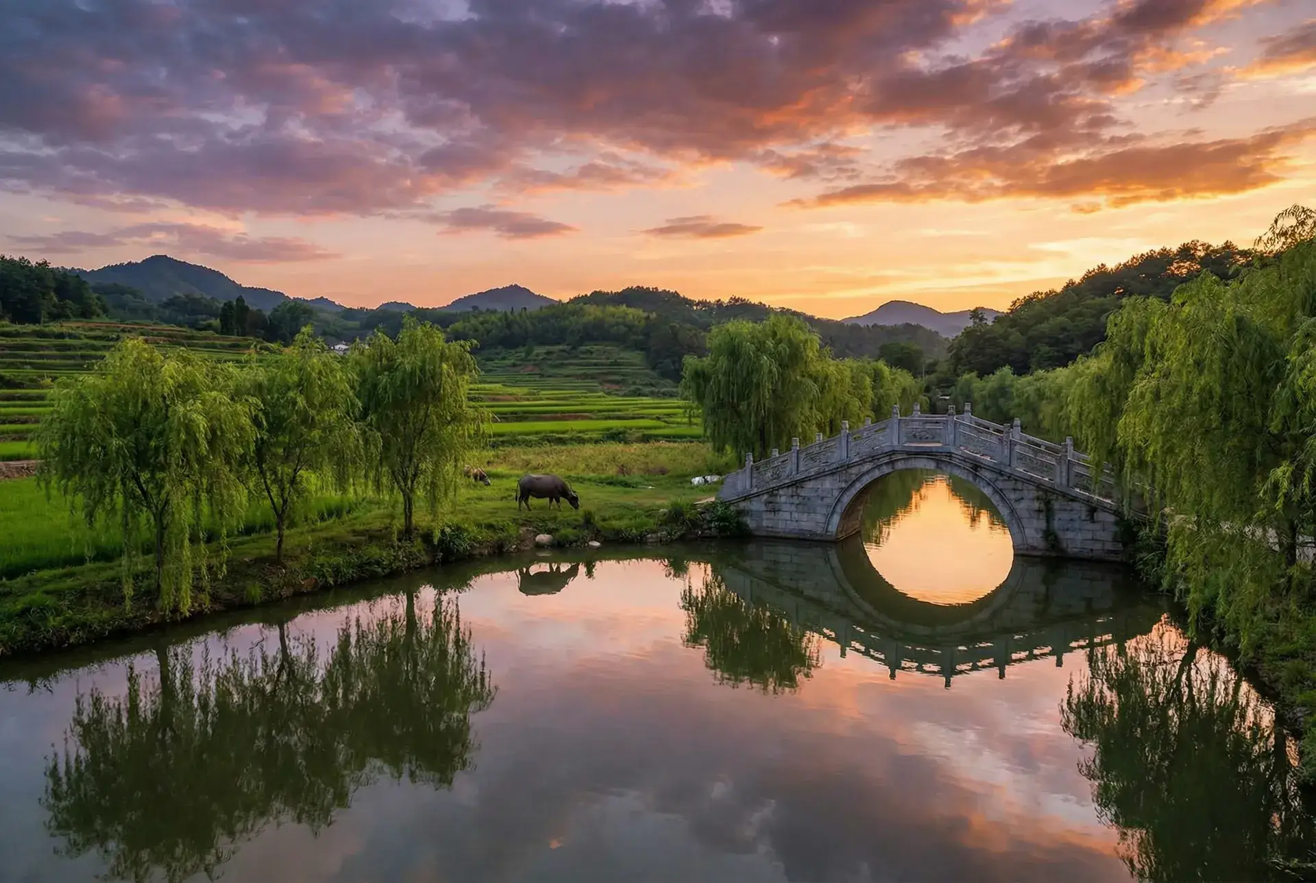 夕阳下的石拱桥与垂柳，水牛在河边吃草 - 秘密通道 乡村美景